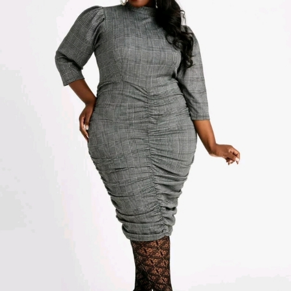 Black RUCHED MOCK NECK HOUNDSTOOTH DRESS